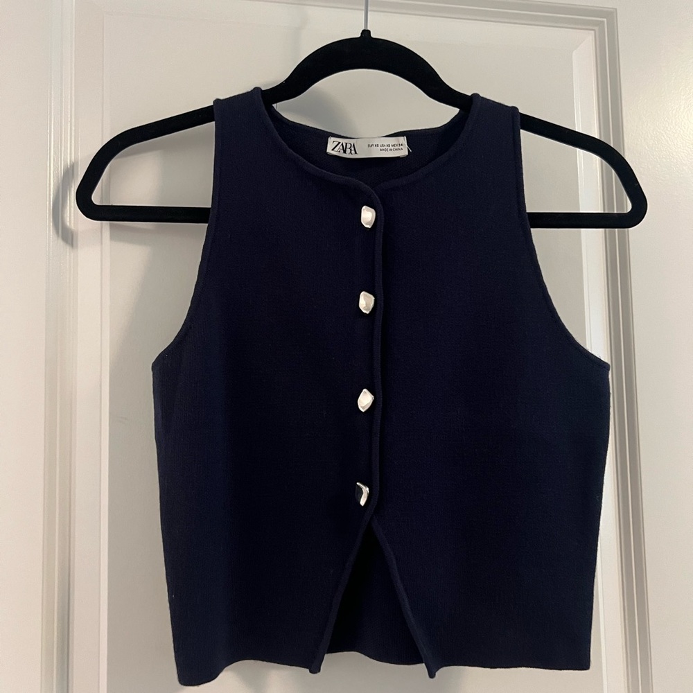 Zara Navy Sleeveless Buttoned Top